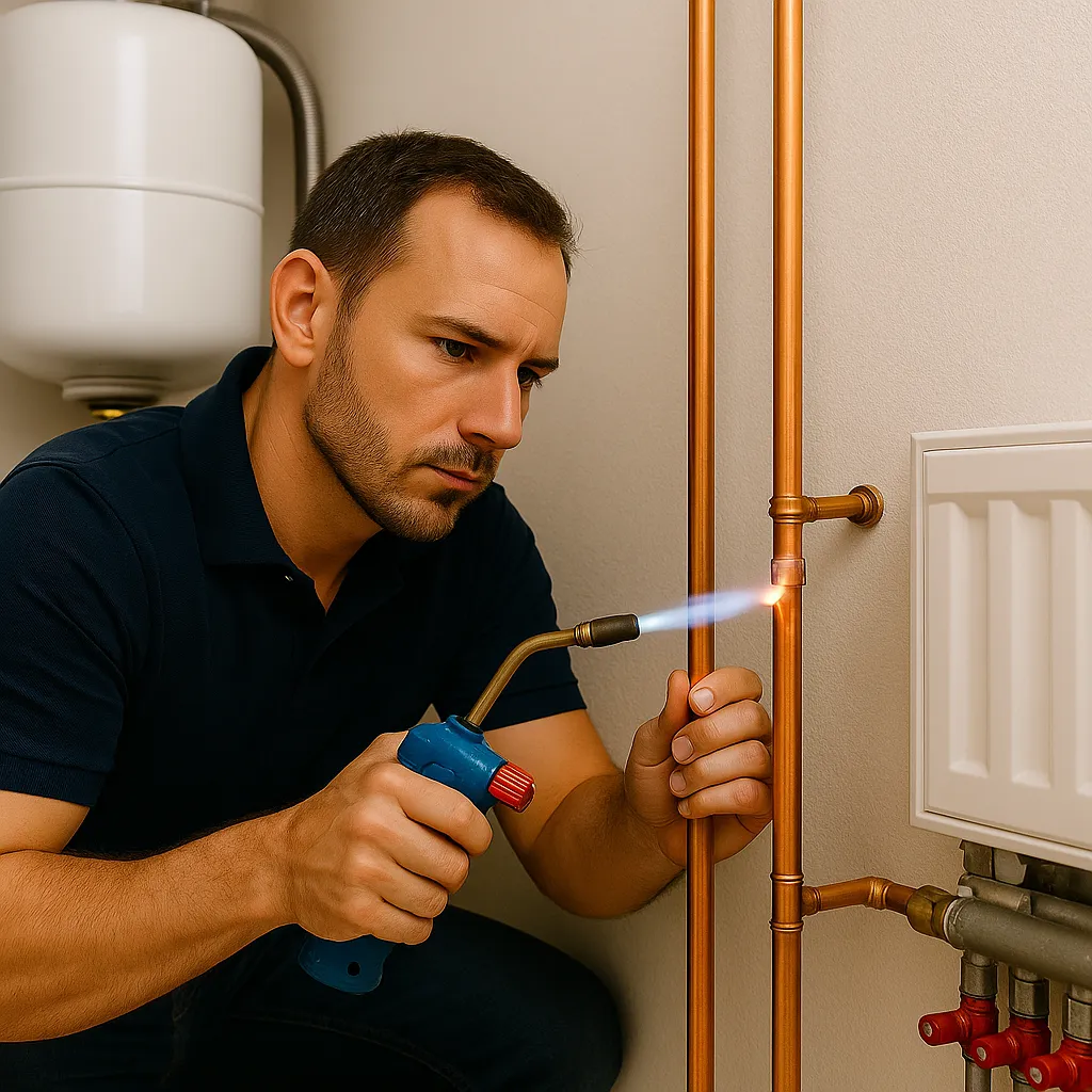 Afbeelding van een professionele loodgieter die met gespecialiseerde apparatuur werkt aan leidingen of sanitair in een woning in Dordrecht, zonder zichtbare tekst of storende elementen