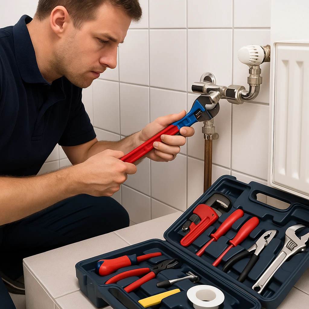 Loodgieter in blauwe kleding werkt aan radiatoraansluiting met verstelbare tang