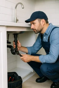 Plumber in blauwe overall repareert pvc-afvoer onder keuken­wasbak; realistische foto zonder zichtbare tekst