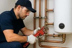 Loodgieter monteert verwarmingsleidingen naast een witte boiler in woning