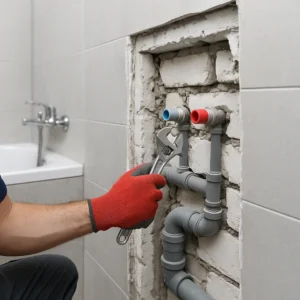 Loodgieter werkt met tang aan leidingen in opengebroken muur tijdens renovatie van badkamer