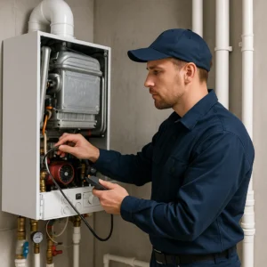 Een servicemonteur controleert de binnenzijde van een cv-ketel in een woning in Dordrecht.