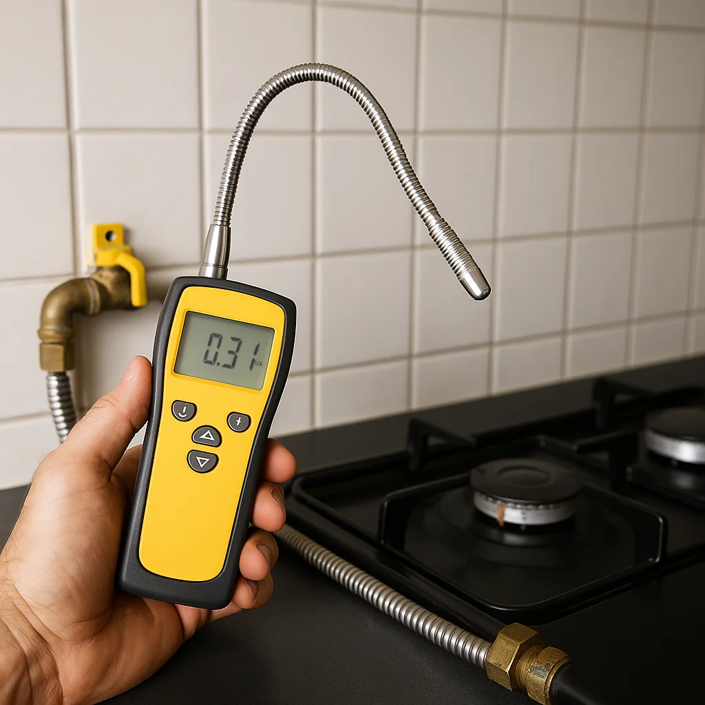 Close up van een gaslekdetector bij een messing gaskraan en roestvrijstalen slang in een keuken