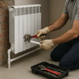 Een loodgieter installeert een moderne witte radiator tegen een muur tijdens renovatiewerk