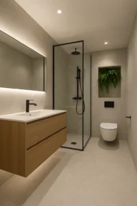 Moderne gerenoveerde badkamer met inloopdouche, zwevend toilet en houten wastafelmeubel, strak afgewerkt in natuurlijke tinten.