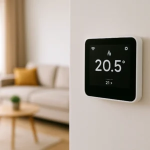 Digitale slimme thermostaat toont 20,5 graden Celsius tegen een witte muur met een moderne woonkamer op de achtergrond.