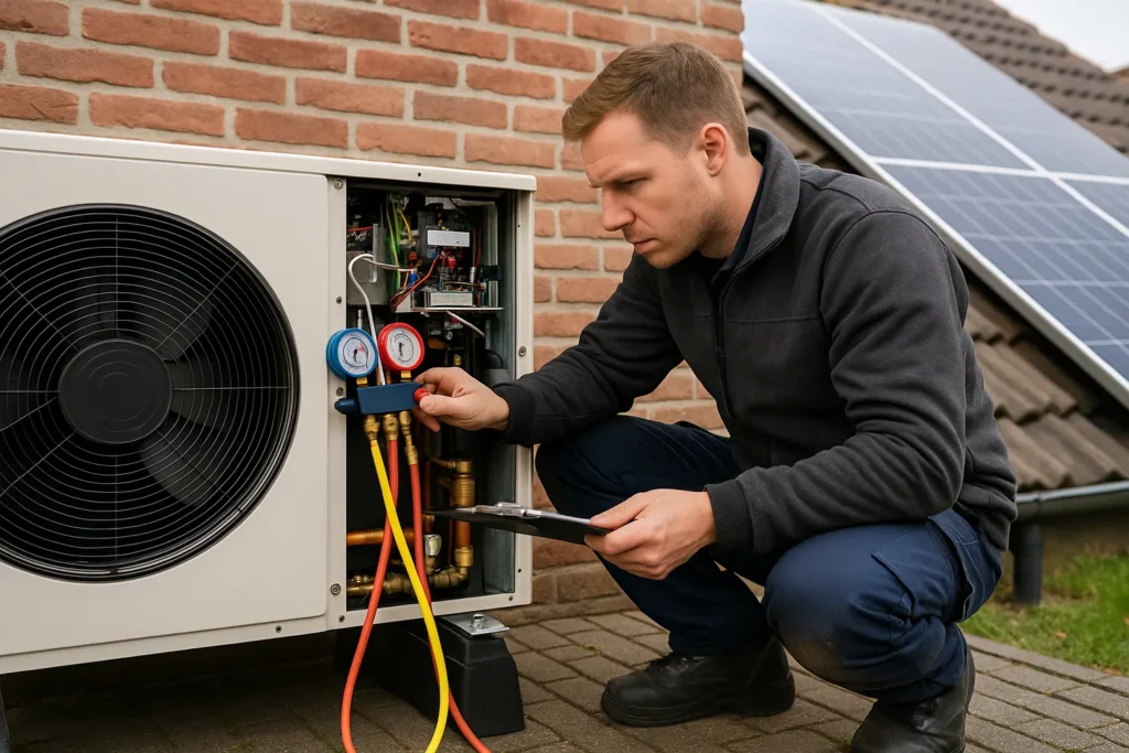 Installatietechnicus in Dordrecht onderhoudt een buitenluchtwarmtepomp naast woning met zonnepanelen.
