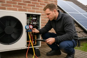 Installatietechnicus in Dordrecht onderhoudt een buitenlucht­warmtepomp naast woning met zonnepanelen.