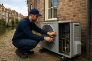 Installatie­monteur in Gorinchem stelt een lucht-water­warmtepomp af naast een historische bakstenen gevel aan de gracht.