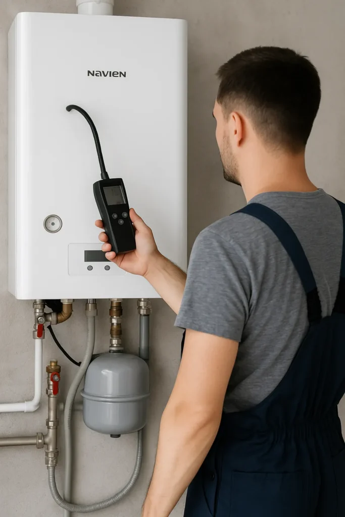 Afbeelding van een monteur van een installatiebedrijf die een cv-ketel inspecteert met meetapparatuur in een woning in Gorinchem, zonder zichtbare tekst of storende elementen