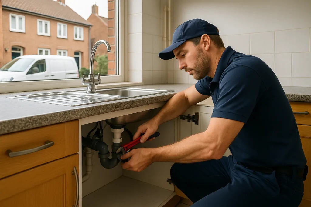 Loodgieter in Breda repareert sifon onder keukenspoelbak, witte servicebus en Bredase woningen buiten zichtbaar.