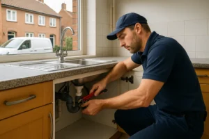 Loodgieter in Breda repareert sifon onder keukenspoelbak, witte servicebus en Bredase woningen buiten zichtbaar.
