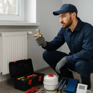 Loodgieter inspecteert radiatorklep bij duurzame installatie