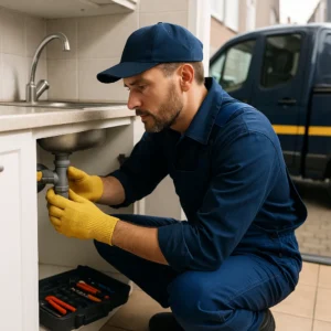 Loodgieter in blauwe overall repareert sifon onder een keukenspoelbak met gele werkhandschoenen.