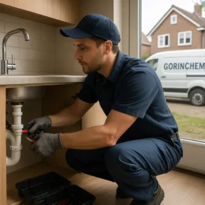 Loodgieter in Gorinchem repareert sifon onder keukenspoelbak met rode tang, bestelbus buiten zichtbaar.