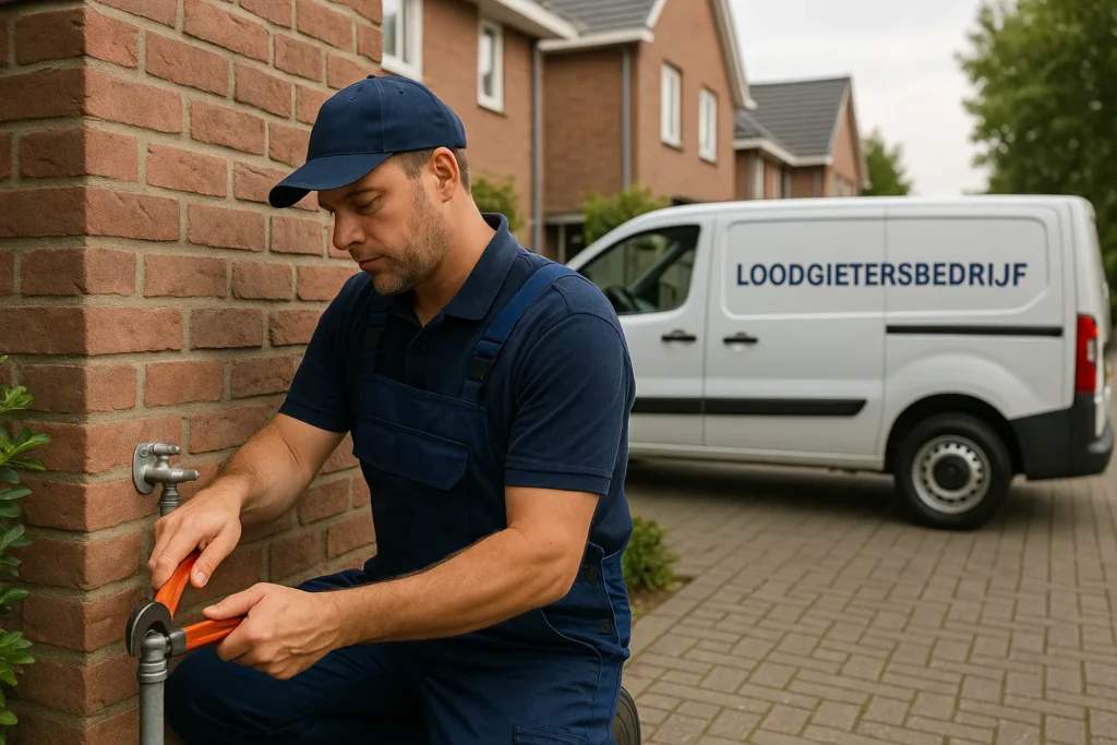 Loodgieter in blauwe overall draait buitenkraan vast op rode bakstenen gevel, servicebus op achtergrond.