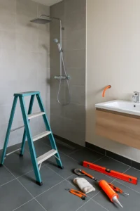 Badkamer renovatie met inloopdouche en houten wastafel.
