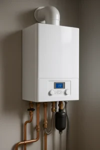 Moderne witte cv-ketel gemonteerd aan een muur, met zichtbare koperen leidingen en digitale bediening.
