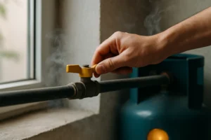 Hand draait gele gaskraan dicht in goed geventileerde ruimte met open raam