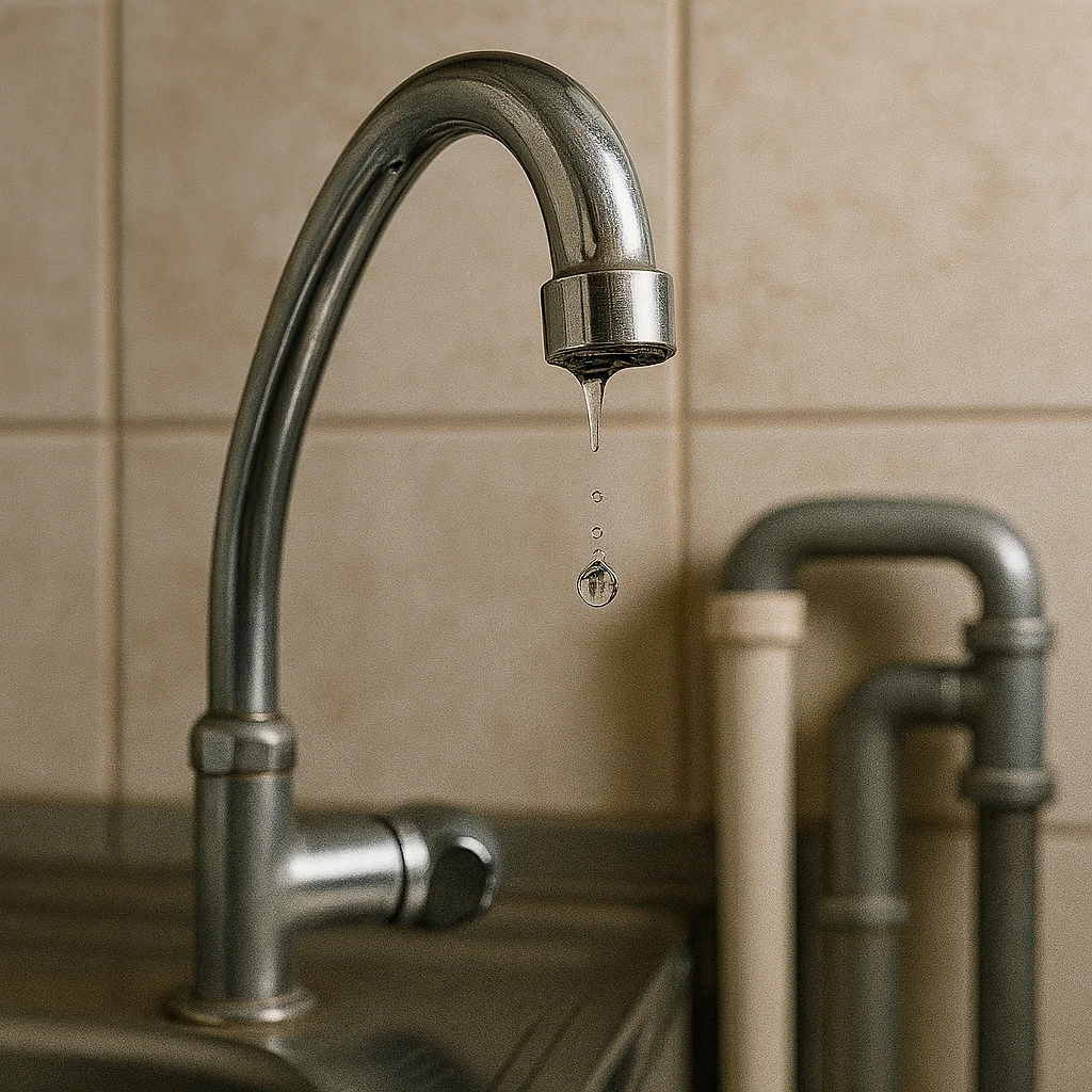 Close-up van een chromen keukenkraan met vallende waterdruppel, tegen beige tegels en zichtbare leidingen.