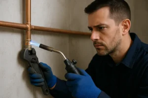 Een loodgieter staat met gekruiste armen voor een geopende gereedschapskoffer, met duidelijke focus op zijn gereedschap en werkomgeving.
