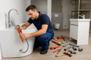 Loodgieter plaatst vrijstaand bad tijdens badkamer renovatie