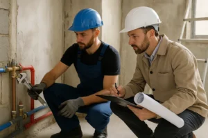 Loodgieter en aannemer stemmen leidingwerk af op de bouwplaats