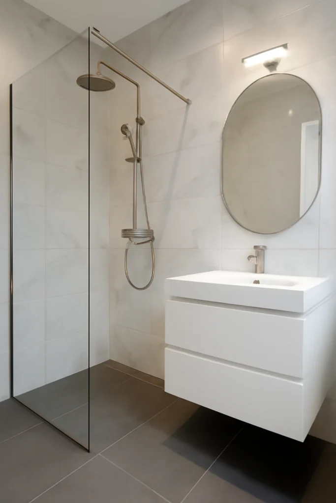 Moderne badkamer renovatie met inloopdouche en zwevend badkamermeubel