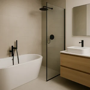 Moderne badkamer met vrijstaand bad, inloopdouche met zwart frame en houten wastafelmeubel.