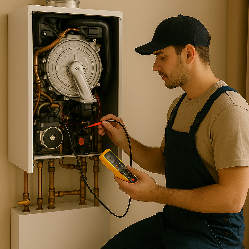 Monteur voert onderhoud uit aan een openstaande cv-ketel en gebruikt een digitale multimeter voor metingen.