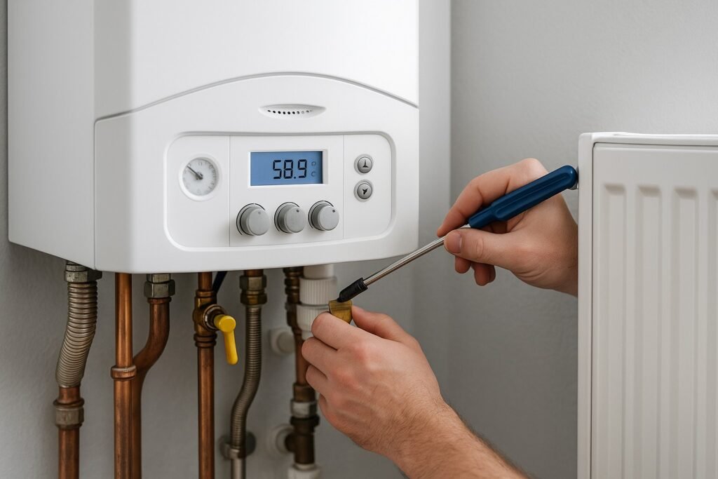 Monteur voert onderhoud uit aan een cv-ketel naast radiator