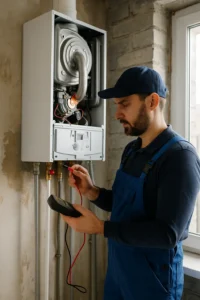 Cv-monteur met multimeter controleert open ketel in gerenoveerde woning