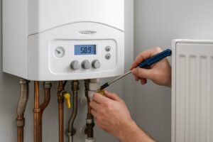 Monteur voert onderhoud uit aan een cv-ketel naast radiator