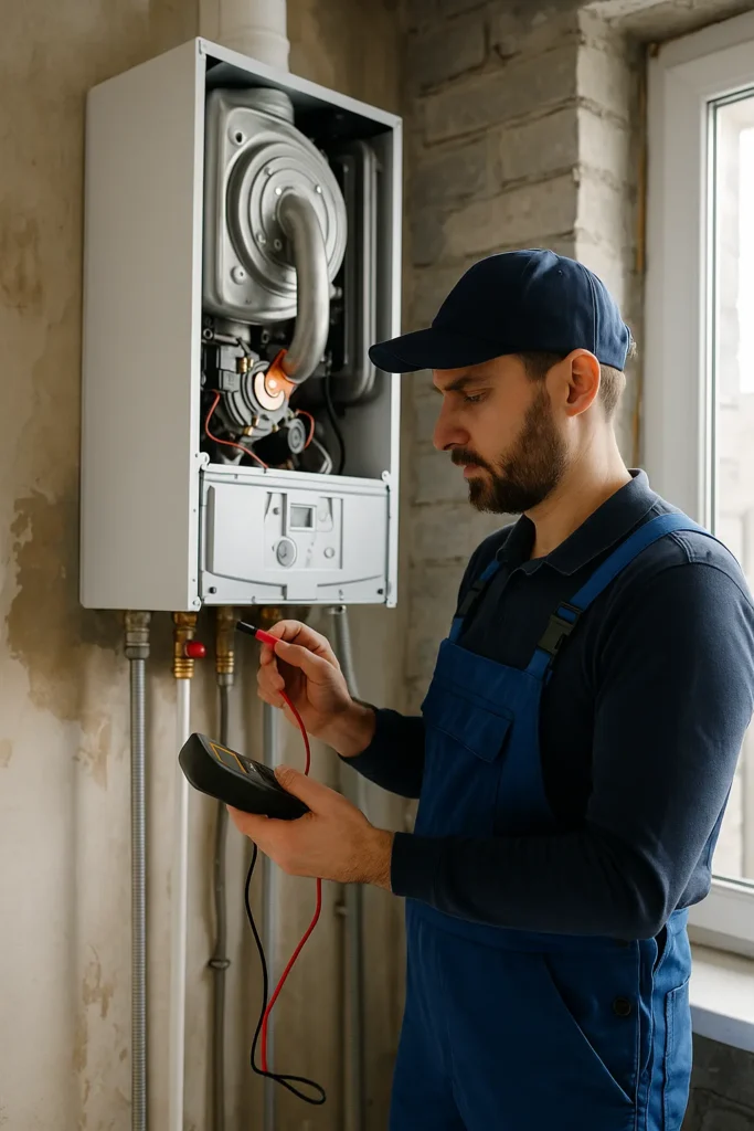 Cv-monteur met multimeter controleert open ketel in gerenoveerde woning