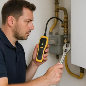 Technicus controleert gasleiding met detector en sleutel.