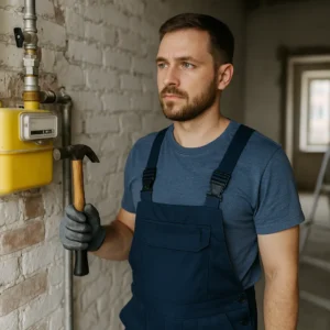 Monteur in blauwe overall bij gasmeter op bakstenen muur tijdens inspectie