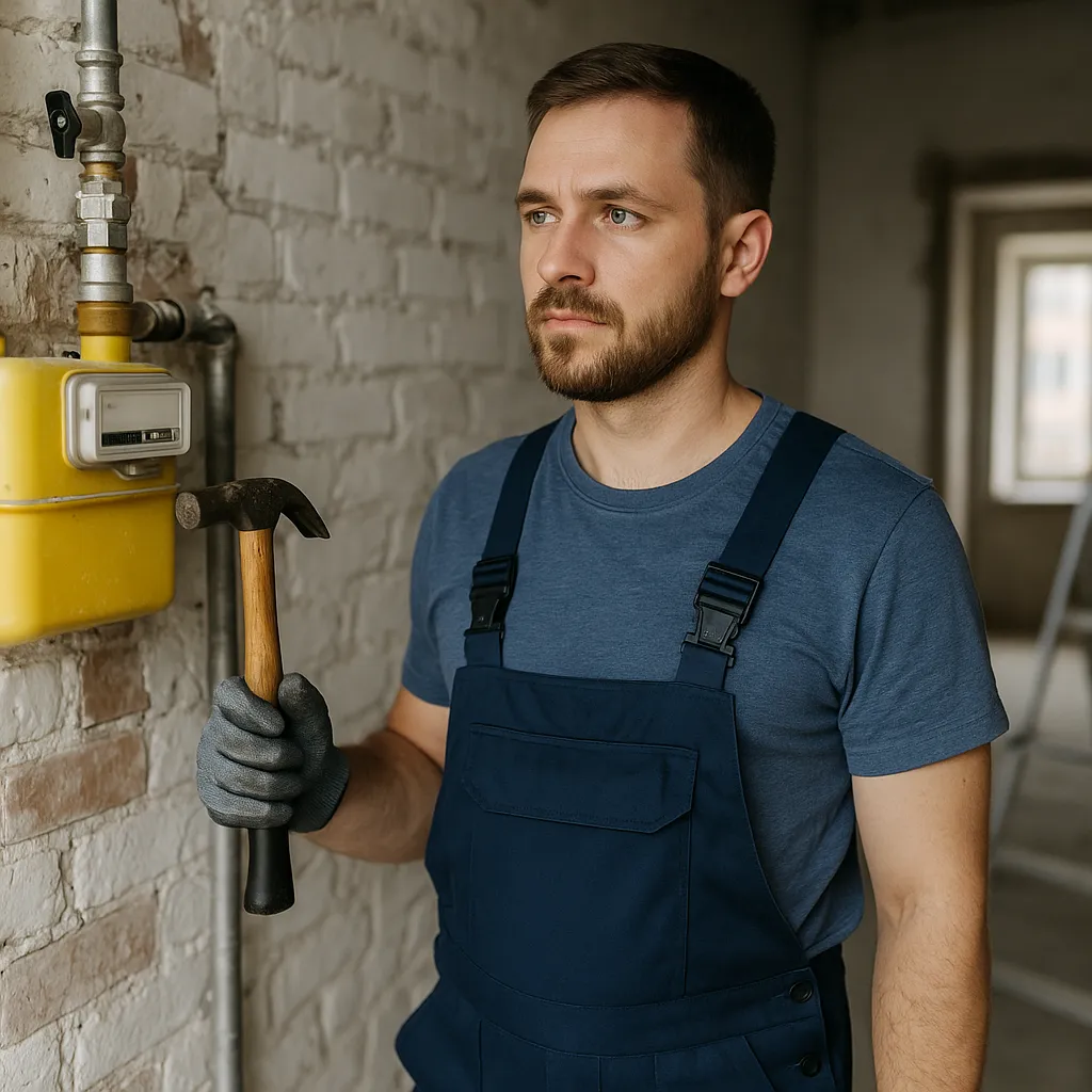 Monteur in blauwe overall bij gasmeter op bakstenen muur tijdens inspectie