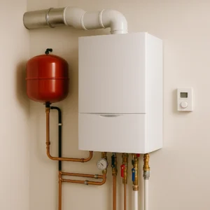 Wandgemonteerde HR-ketel met rood expansievat en koperen leidingen in een technische ruimte.