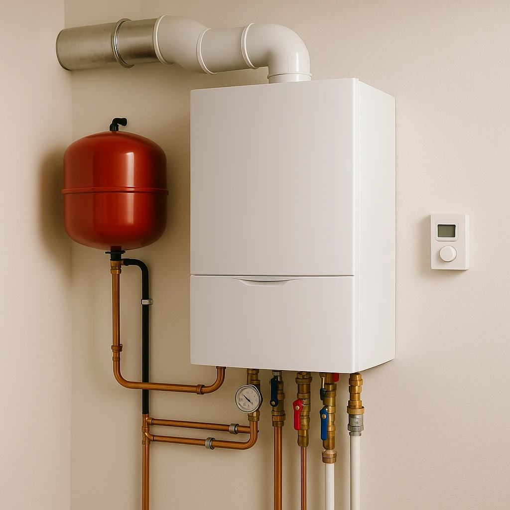 Wandgemonteerde HR-ketel met rood expansievat en koperen leidingen in een technische ruimte.