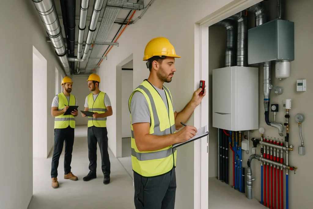 Installatiemonteur met helm en tablet controleert gebouwinstallaties — installatiebedrijf Breda
