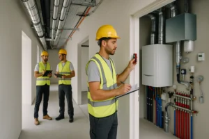 Installatiemonteur met helm en tablet controleert gebouwinstallaties — installatiebedrijf Breda