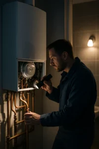 Een loodgieter inspecteert 's nachts een cv-ketel met een zaklamp in een woning