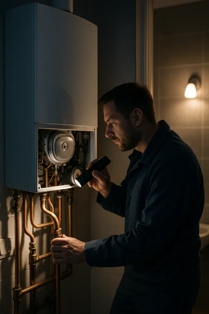 Een loodgieter inspecteert 's nachts een cv-ketel met een zaklamp in een woning