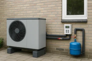 Buitengeplaatste lucht-water warmtepomp naast een bakstenen woning met leidingaansluitingen.