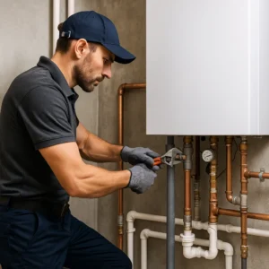 Installatiemonteur werkt aan cv-installatie met koperen en pvc-leidingen