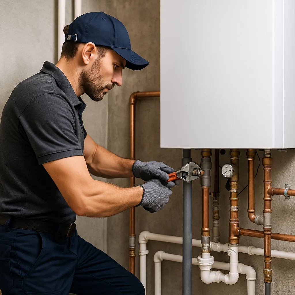 Installatiemonteur werkt aan cv-installatie met koperen en pvc-leidingen