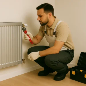 Loodgieter stelt een thermostatische radiatorkraan af met een steeksleutel.