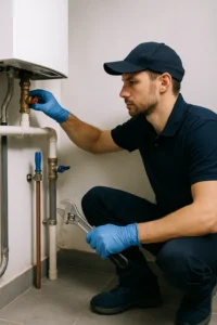 Een loodgieter in donkerblauw uniform werkt geconcentreerd aan een wit PVC-leidingsysteem met een moersleutel
