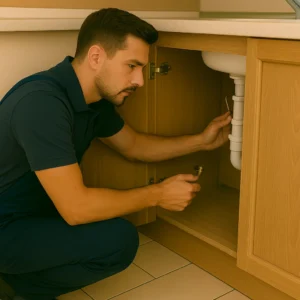 Loodgieter controleert de afvoer en sifon onder een gootsteen in een houten keukenkast.