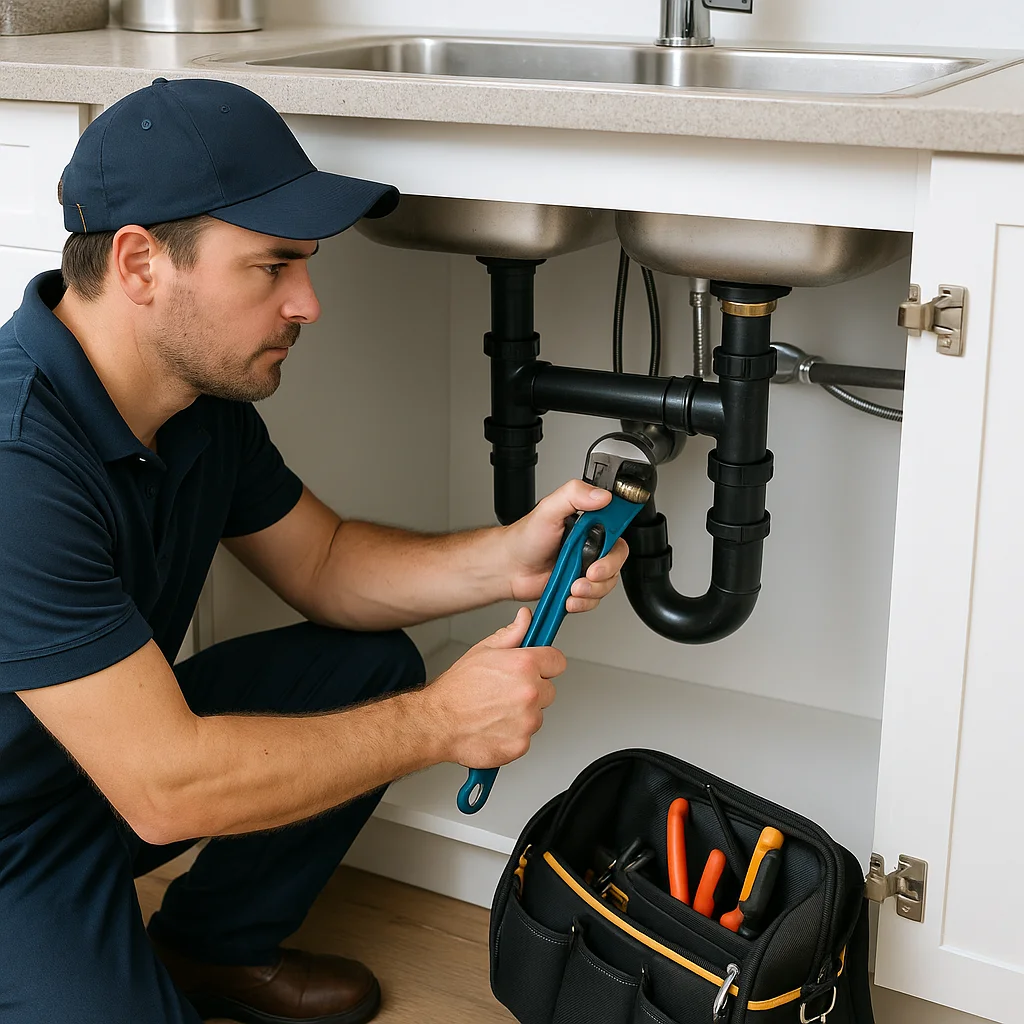 Loodgieter in werkpak controleert afvoerleidingen onder een moderne keuken gootsteen.